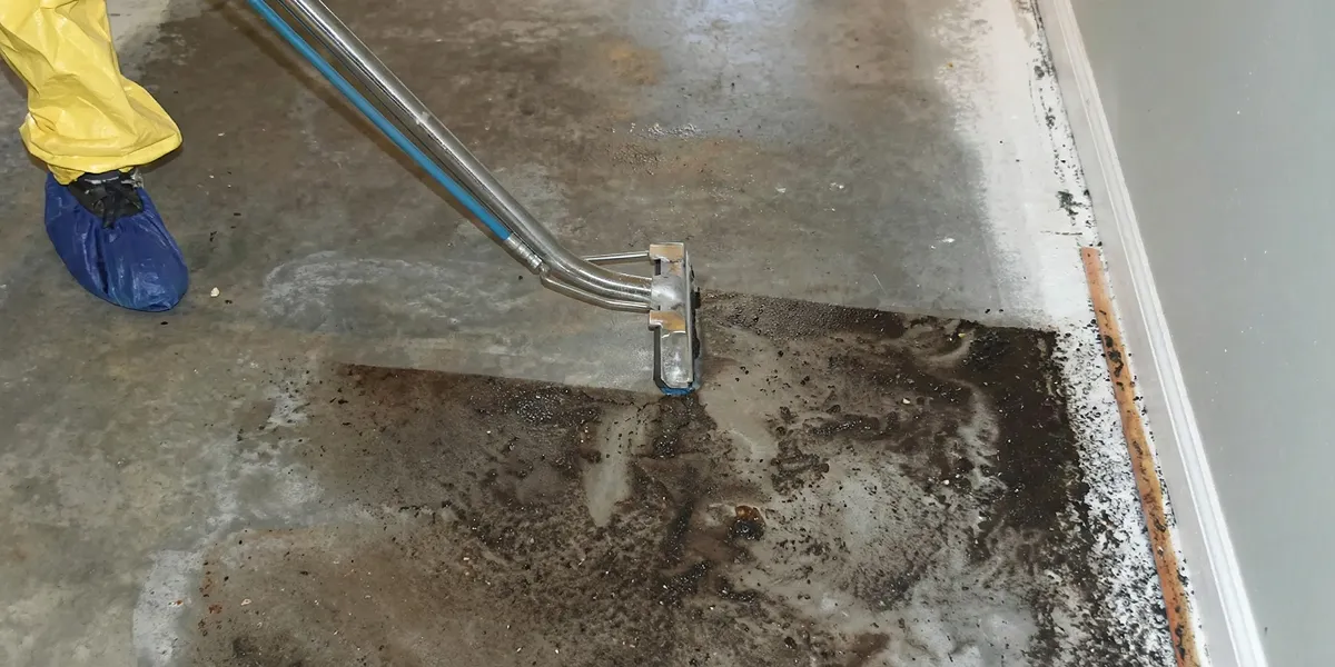 sewage removal technicians extracting contaminated wastewater from a residential floor in Staten Island, NY